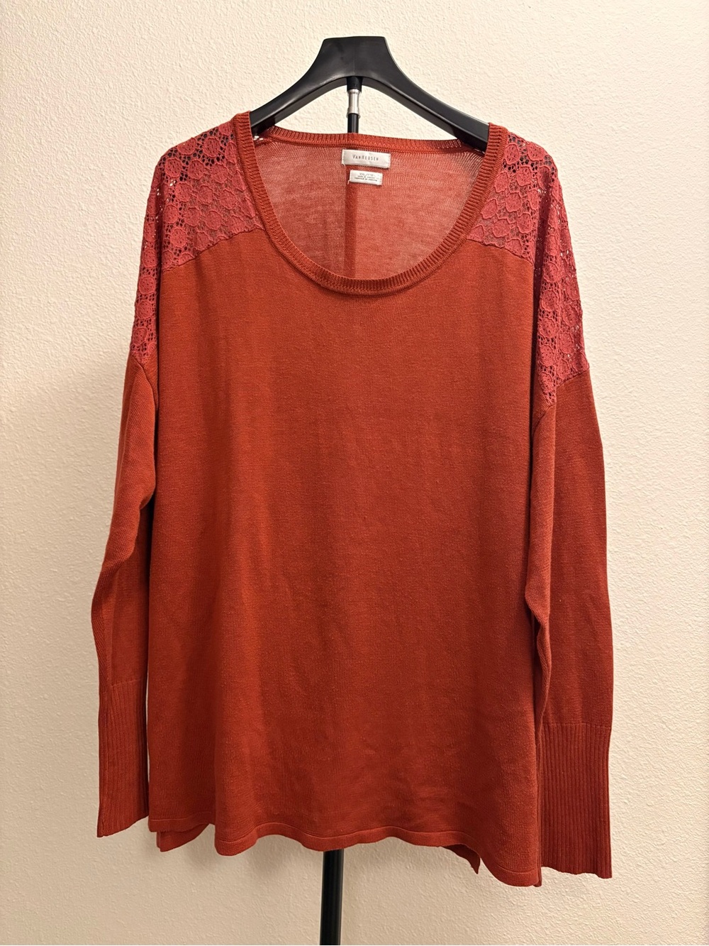 Van Heusen Lace-Shoulder Scoop Neck Sweater — Rust Hi/Low Hem